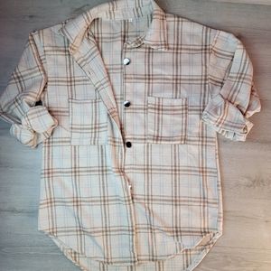 Ladies Large Button Down Shirt Tan White Plaid Roll Tab Sleeves [9]